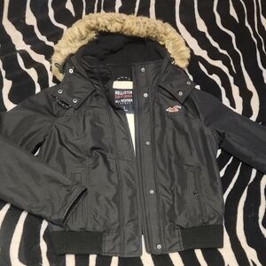 Hollister Black Jacket with Faux Fur Trimmed Hood